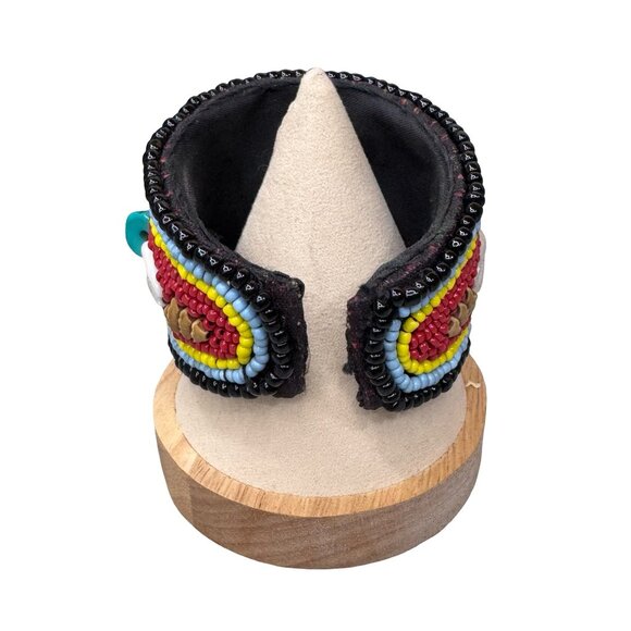 Vintage Tibetan Open Cuff Decorated Turquoise, Cowrie Shells Coral Glass Beads - Picture 3 of 10